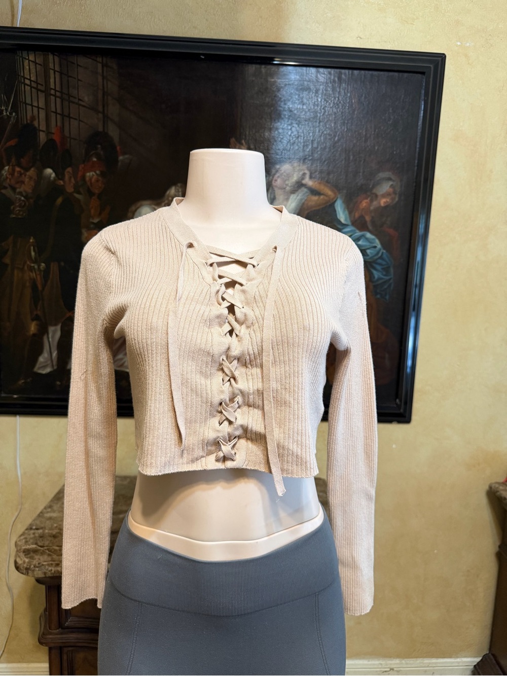 Divided Lace-Up Ribbed Crop Top in Light Beige